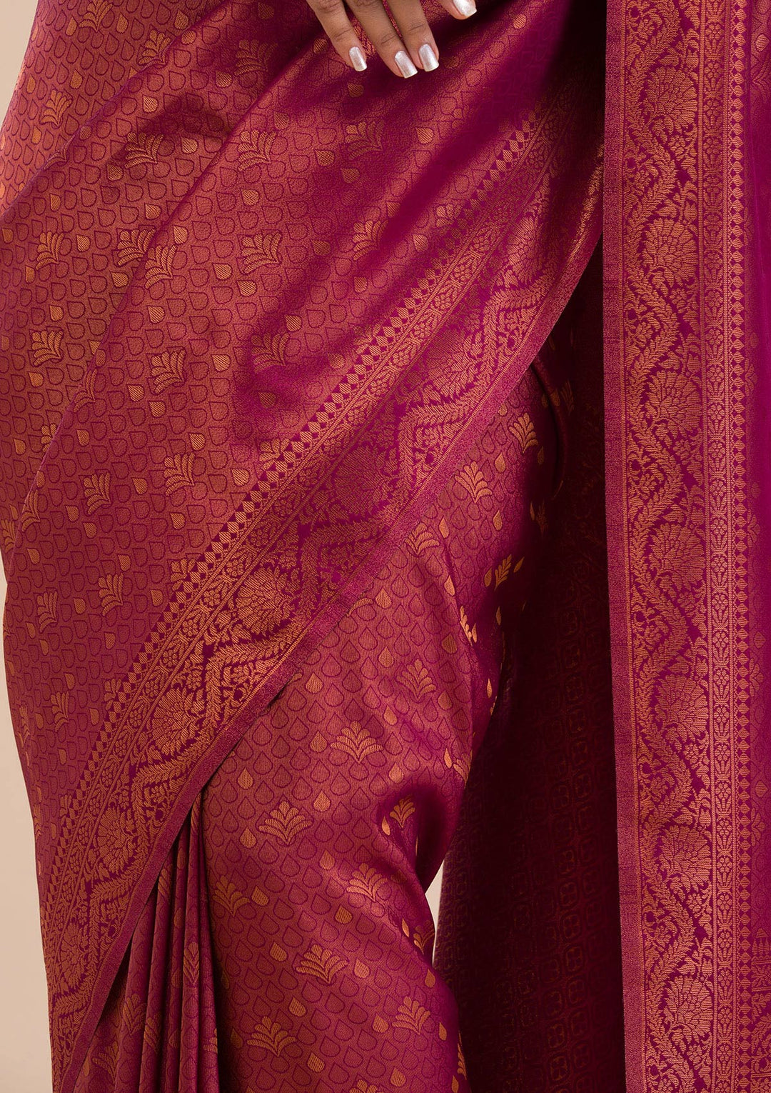 Wine Silk Buti Gold Zariwork Saree With Matching Blouse Piece