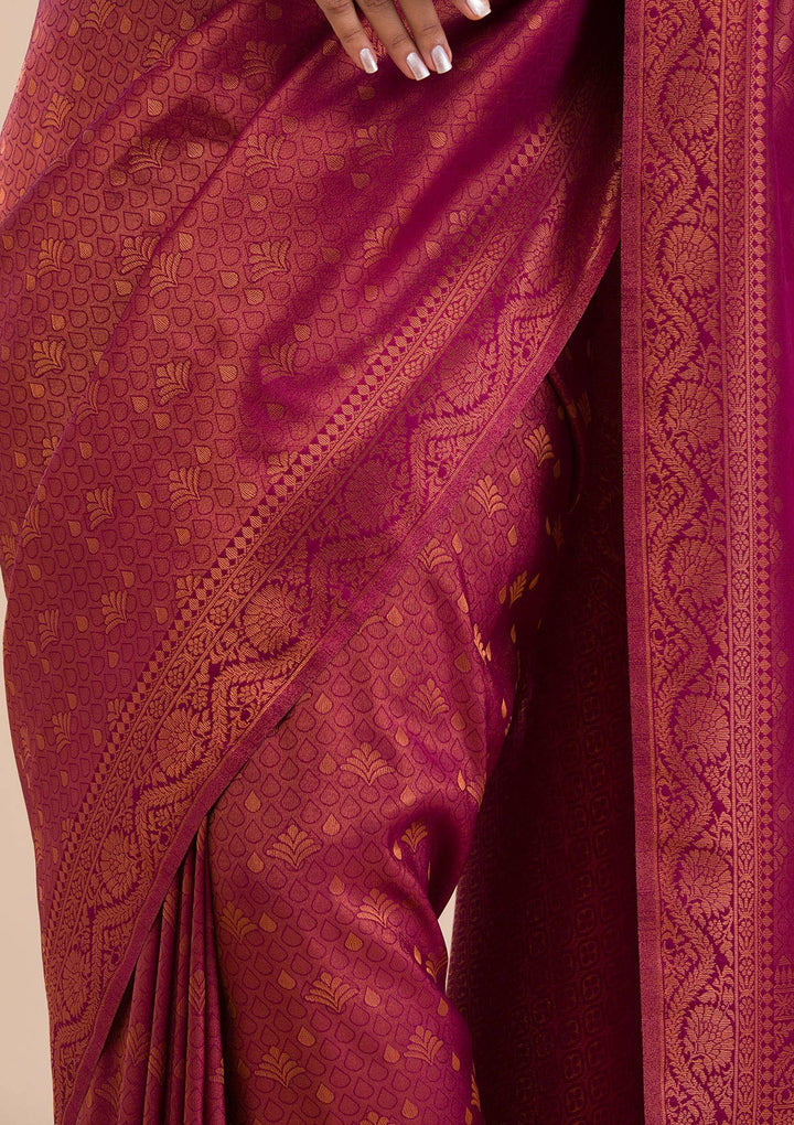 Wine Silk Buti Gold Zariwork Saree With Matching Blouse Piece