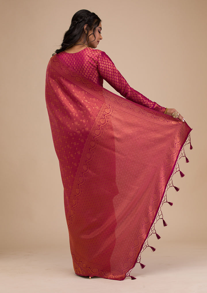 Wine Silk Buti Gold Zariwork Saree With Matching Blouse Piece