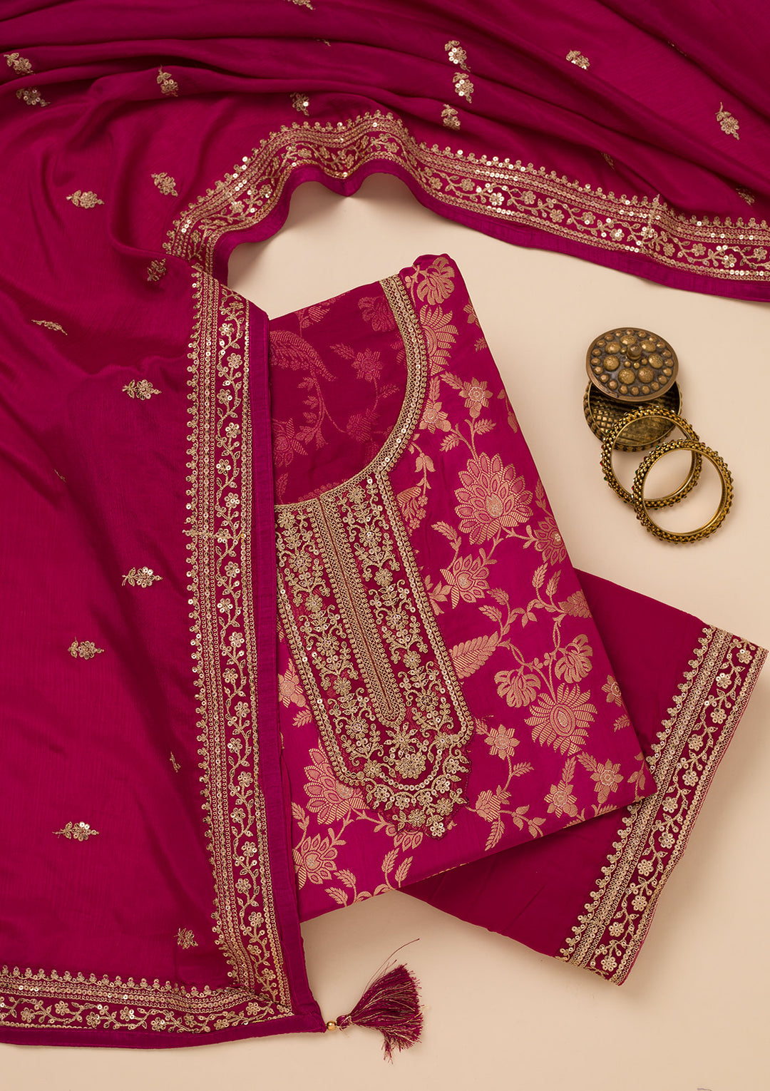 Wine Tissue Gold Zariwork Unstitched Dress Material With Matching Bottom And Dupatta