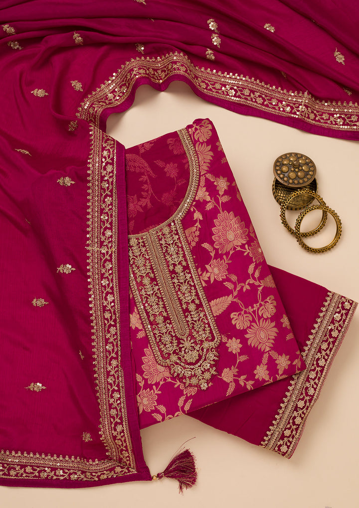 Wine Tissue Gold Zariwork Unstitched Dress Material With Matching Bottom And Dupatta