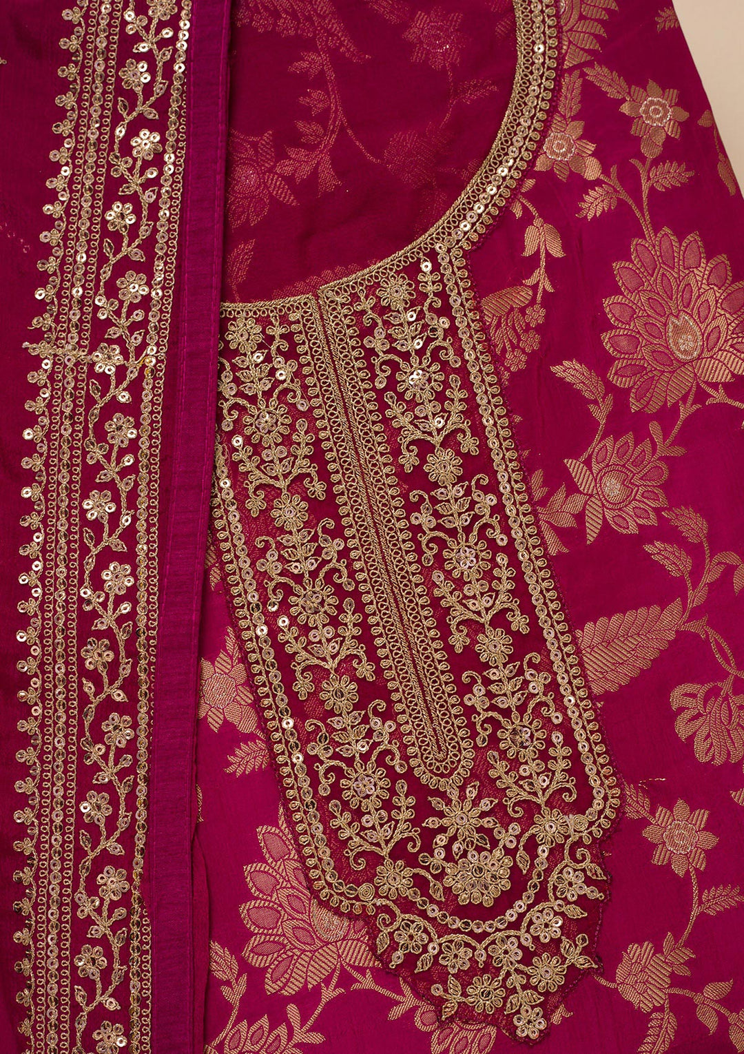 Wine Tissue Gold Zariwork Unstitched Dress Material With Matching Bottom And Dupatta