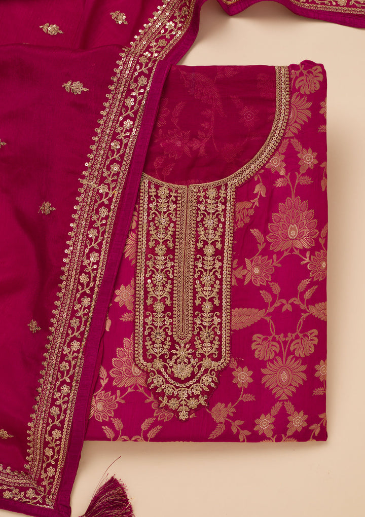Wine Tissue Gold Zariwork Unstitched Dress Material With Matching Bottom And Dupatta