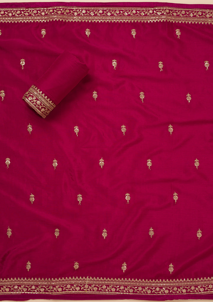 Wine Tissue Gold Zariwork Unstitched Dress Material With Matching Bottom And Dupatta