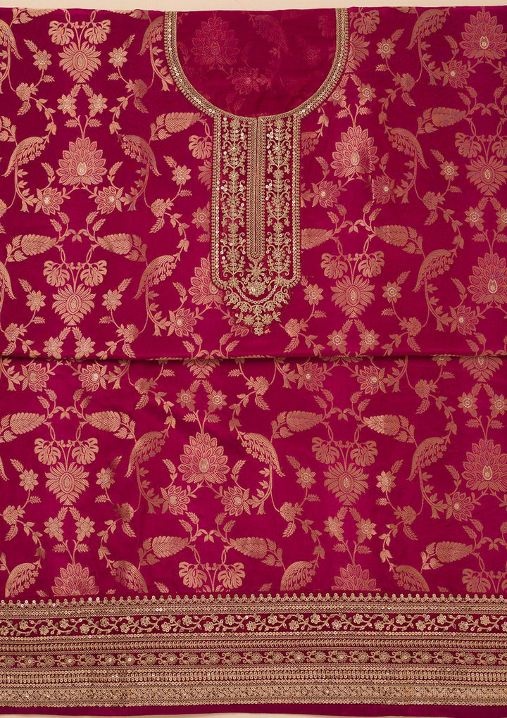Wine Tissue Gold Zariwork Unstitched Dress Material With Matching Bottom And Dupatta