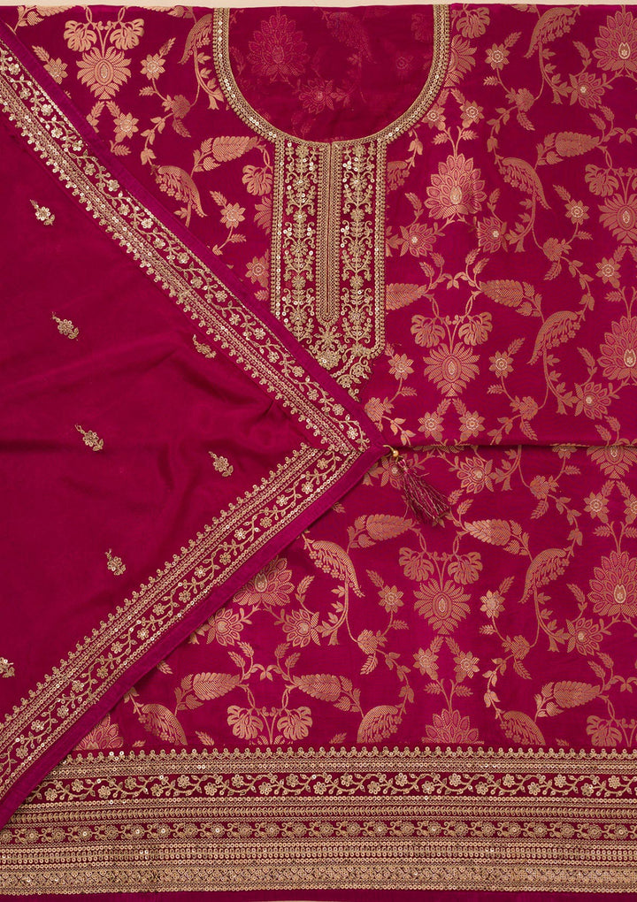 Wine Tissue Gold Zariwork Unstitched Dress Material With Matching Bottom And Dupatta