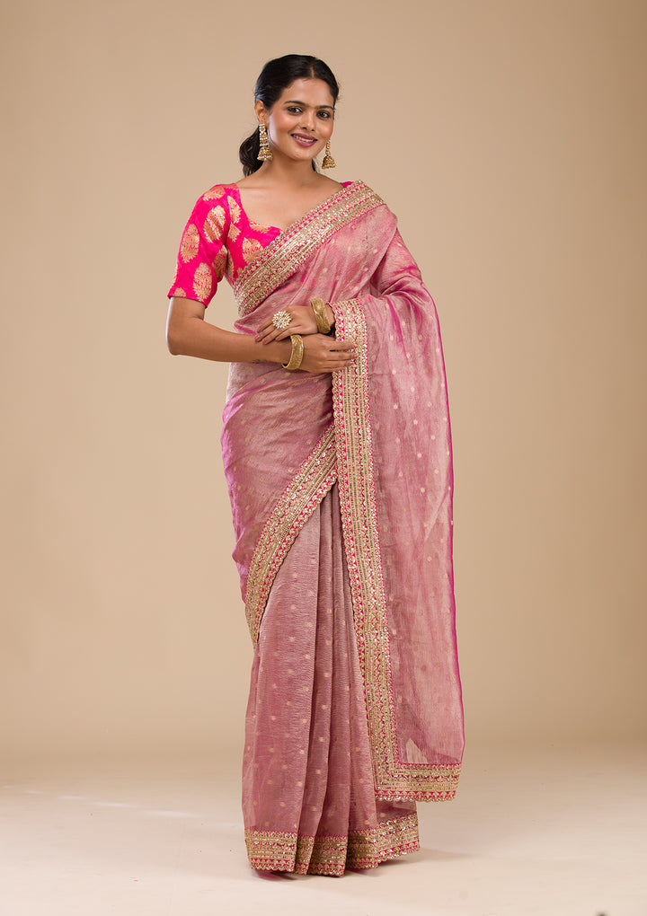 Wine Tissue Sequins Saree With Matching Blouse Piece