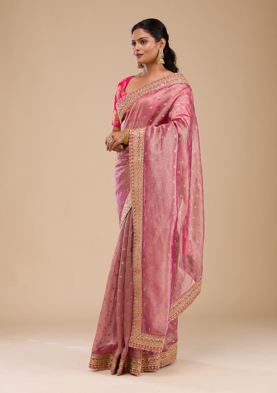Wine Tissue Sequins Saree With Matching Blouse Piece