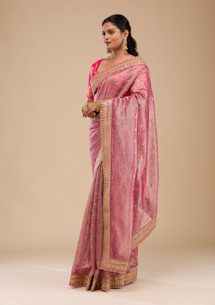 Wine Tissue Sequins Saree With Matching Blouse Piece