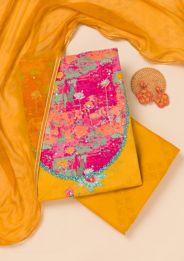 Mustard Patchwork Semi Crepe Unstitched Salwar Suit