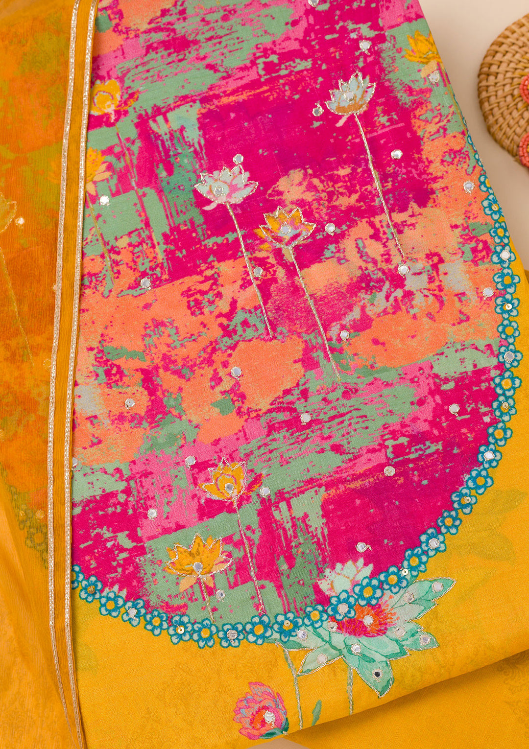 Mustard Patchwork Semi Crepe Unstitched Salwar Suit