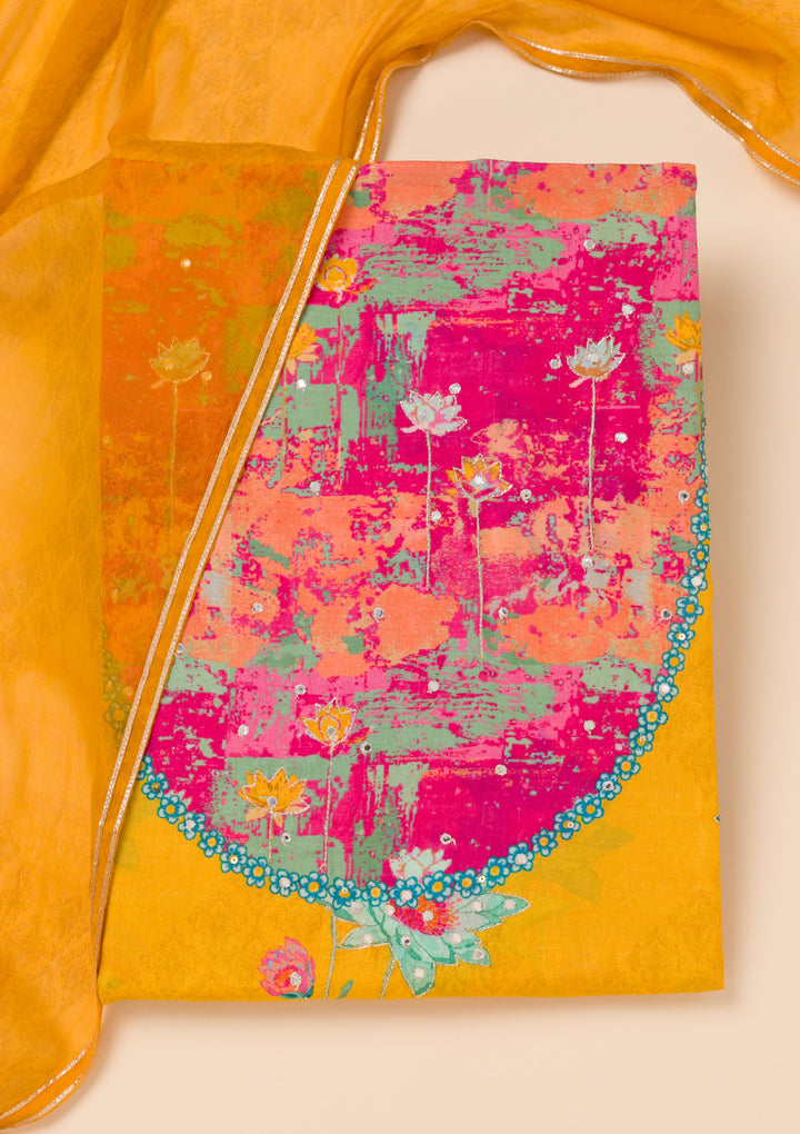 Mustard Patchwork Semi Crepe Unstitched Salwar Suit