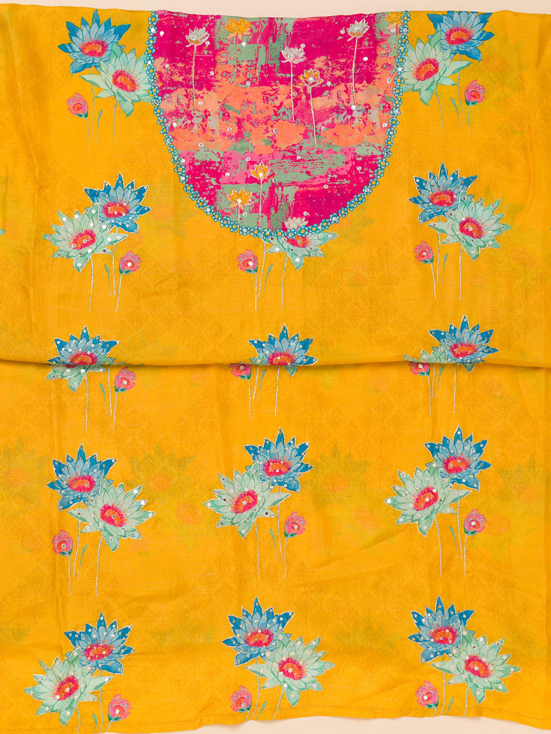 Mustard Patchwork Semi Crepe Unstitched Salwar Suit