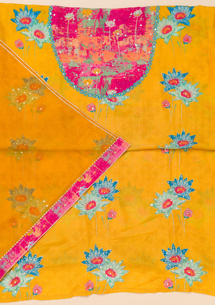 Mustard Patchwork Semi Crepe Unstitched Salwar Suit