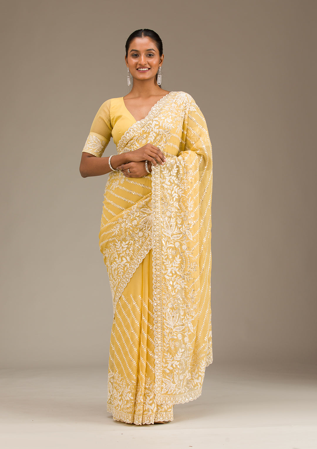 Yellow Georgette Sequins Saree With Matching Blouse Piece