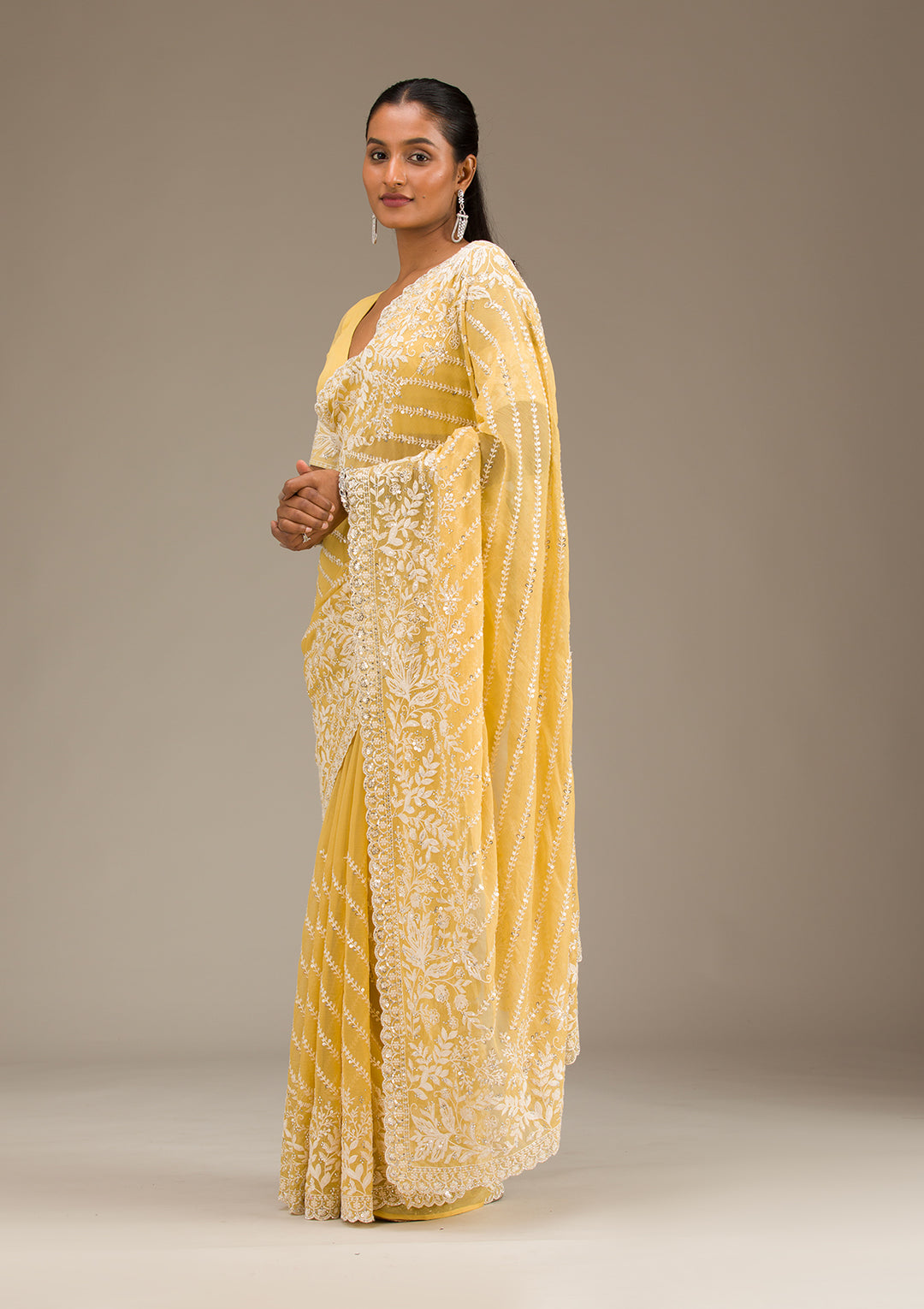 Yellow Georgette Sequins Saree With Matching Blouse Piece