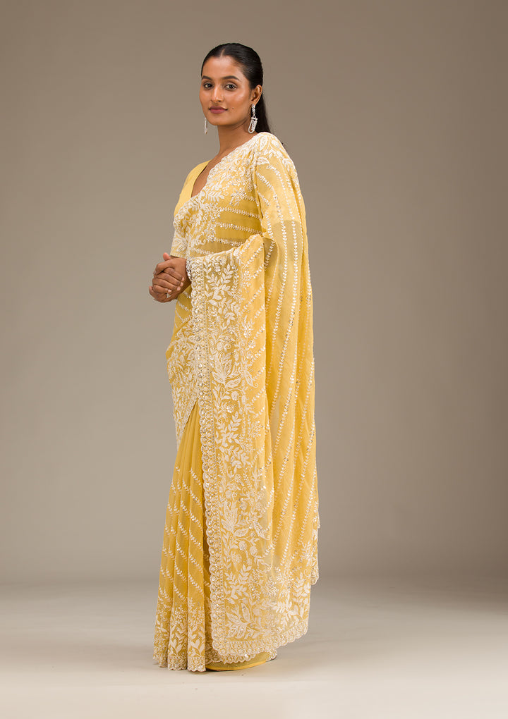 Yellow Georgette Sequins Saree With Matching Blouse Piece