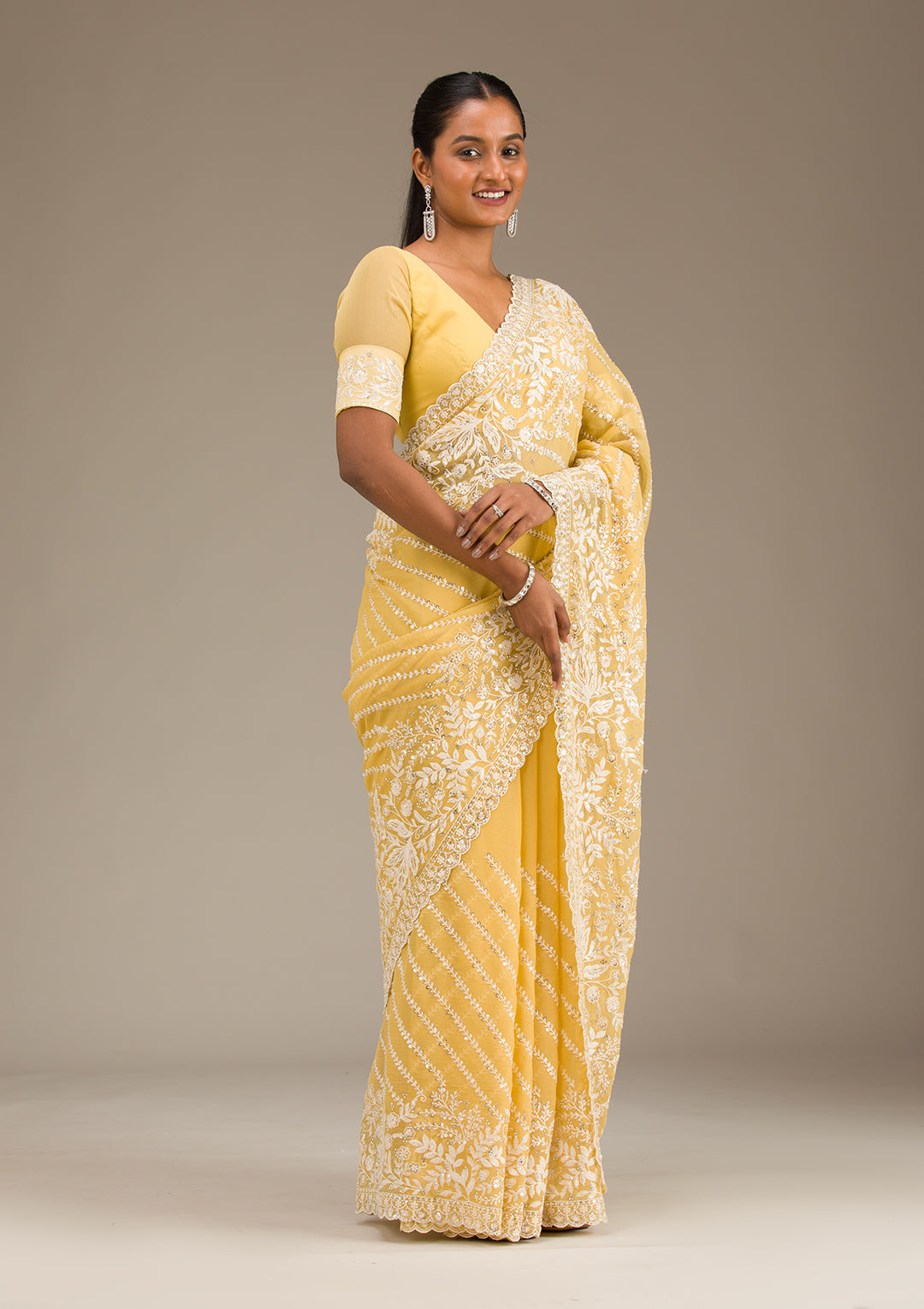 Yellow Georgette Sequins Saree With Matching Blouse Piece