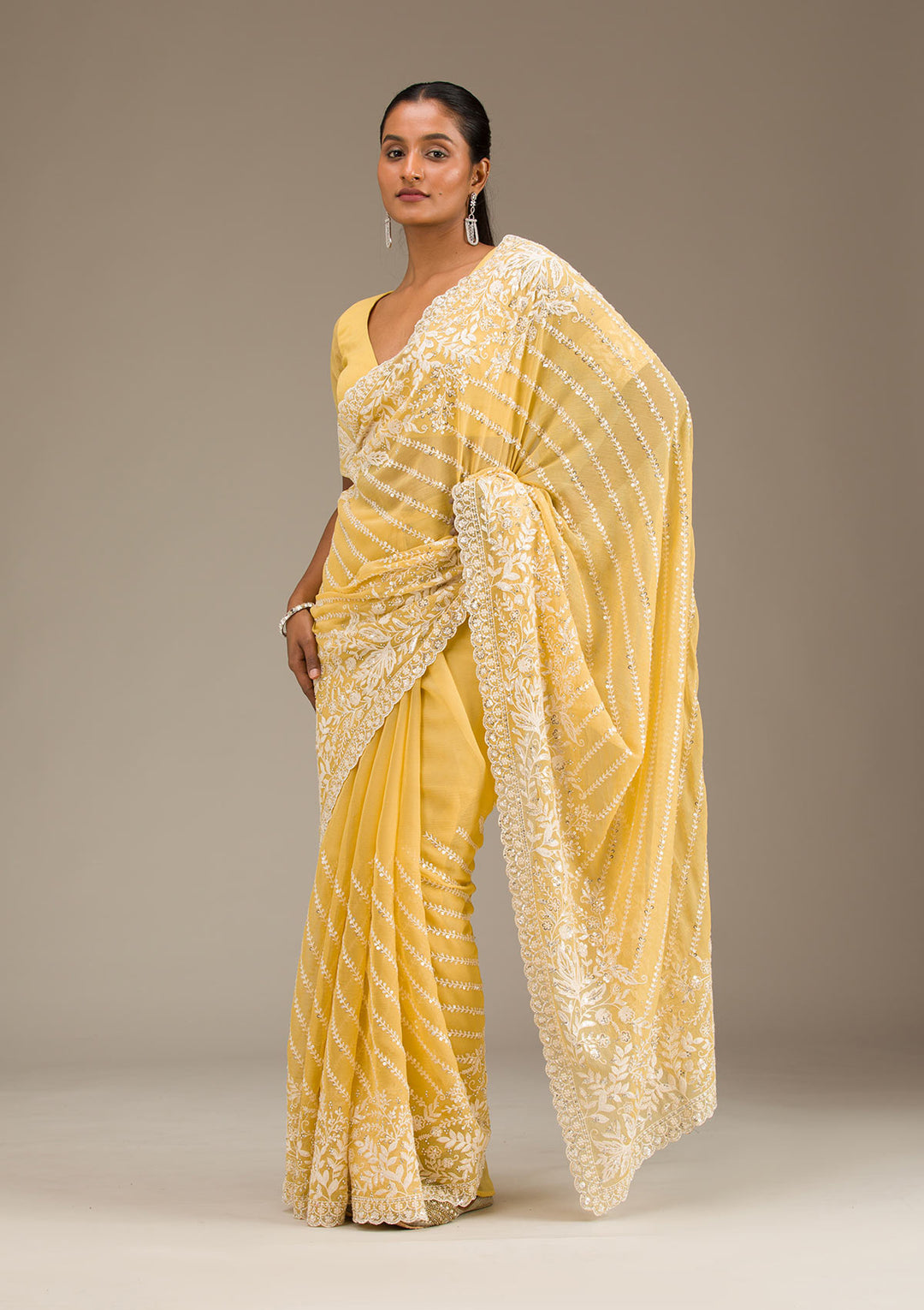 Yellow Georgette Sequins Saree With Matching Blouse Piece