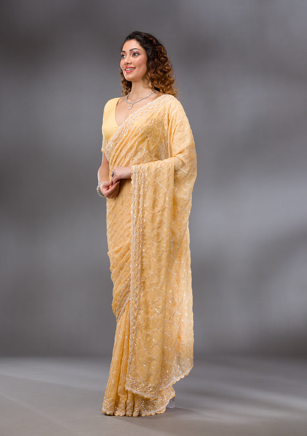 Yellow Sequins Tissue Saree
