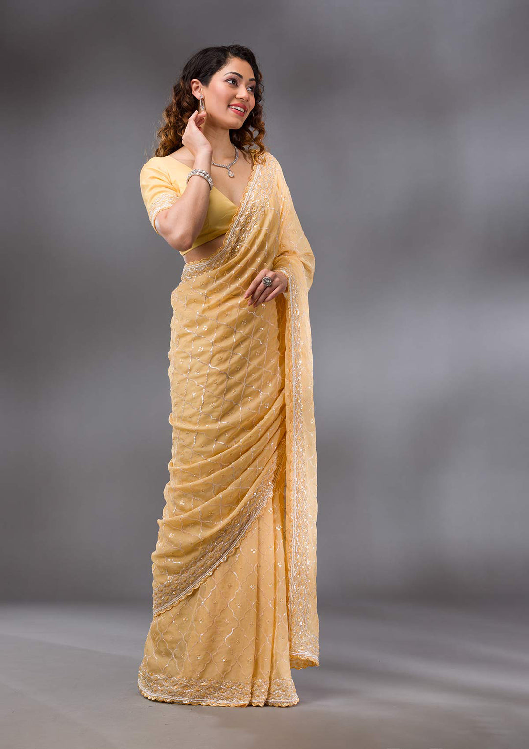 Yellow Sequins Tissue Saree