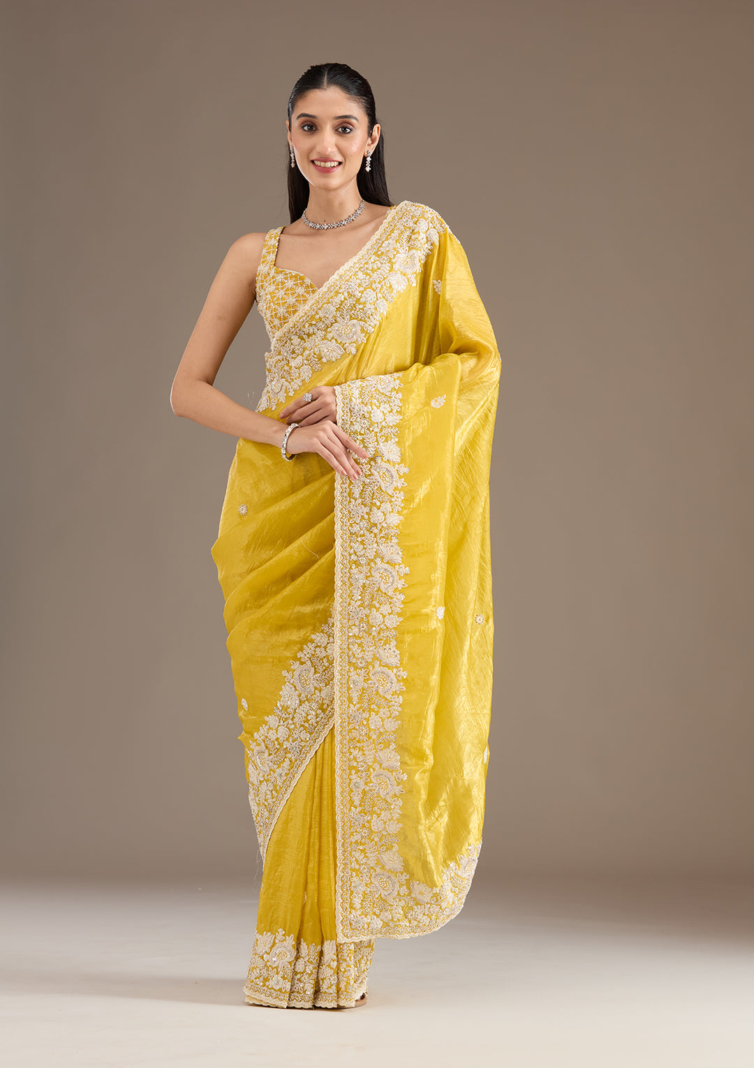 Yellow Sequins Tissue Saree