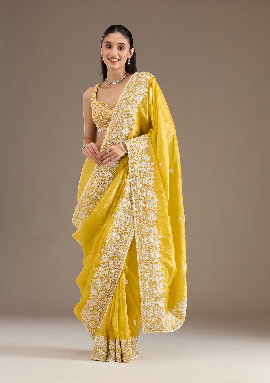 Yellow Sequins Tissue Saree