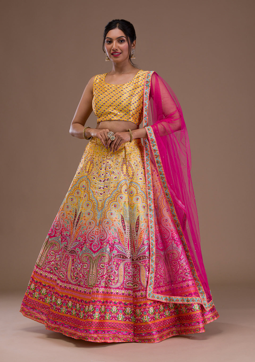 Yellow Stonework Banarasi Readymade Lehenga