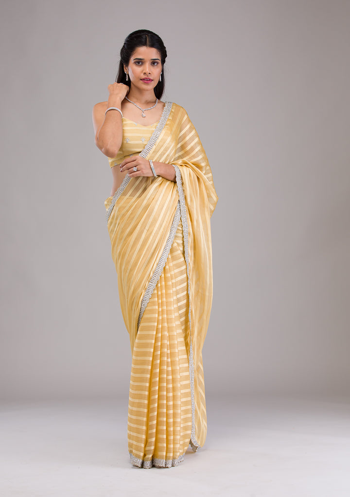 Yellow Stonework Semi Crepe Saree