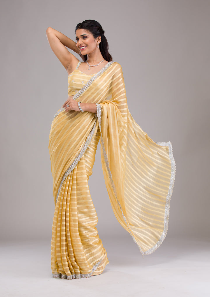 Yellow Stonework Semi Crepe Saree