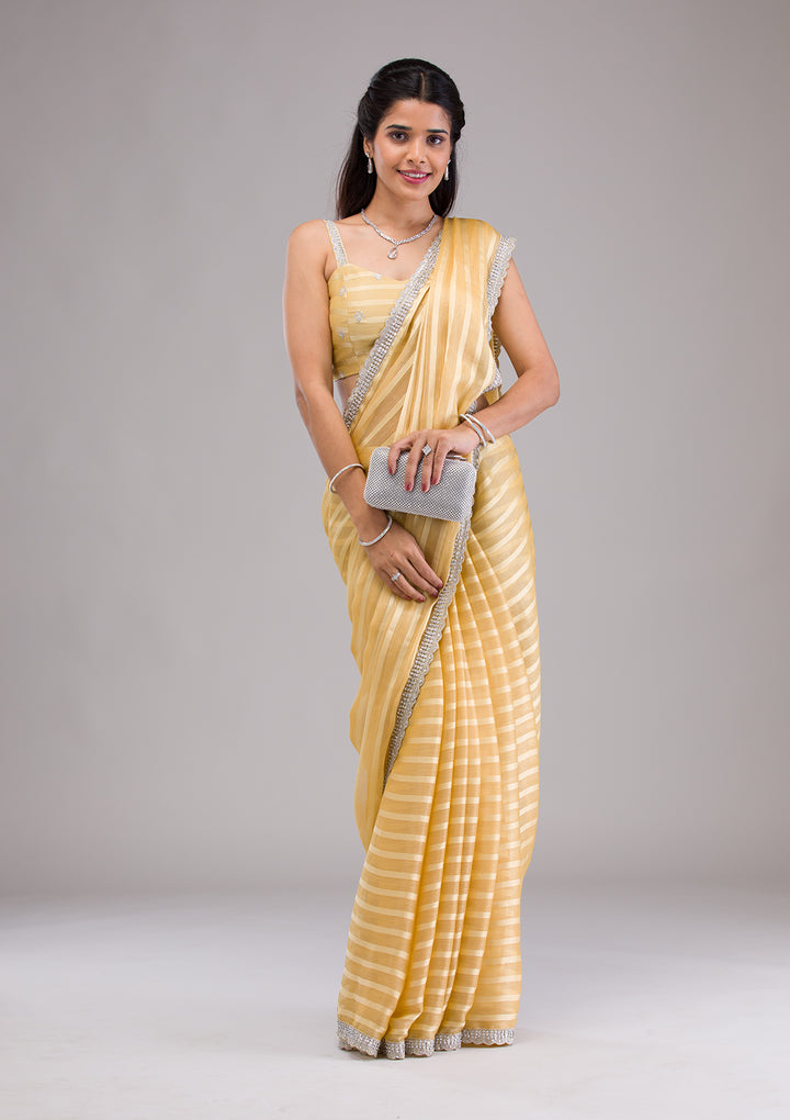 Yellow Stonework Semi Crepe Saree