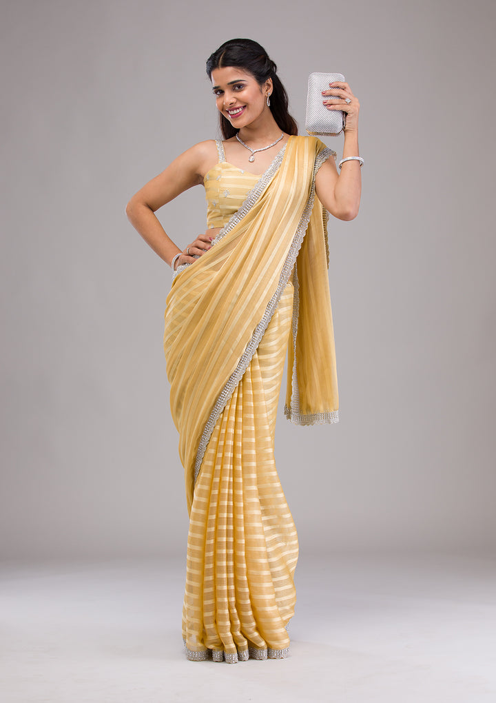 Yellow Stonework Semi Crepe Saree