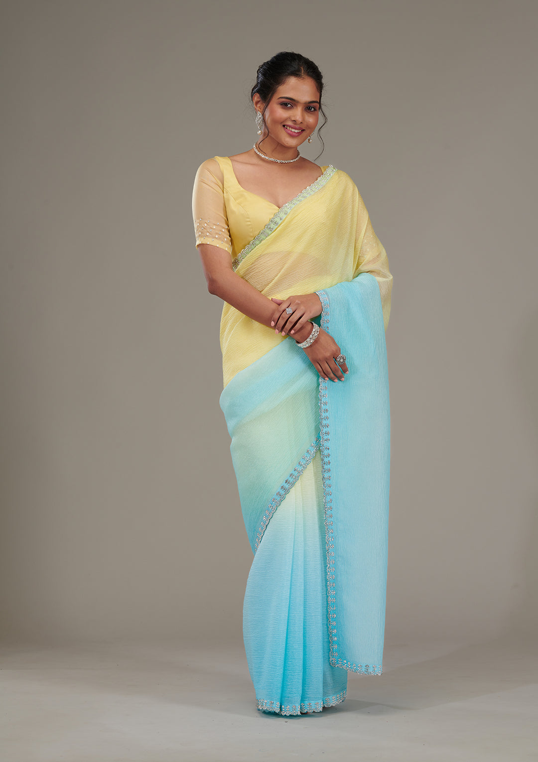 Yellow Tissue Silver Stonework Saree With Matching Blouse Piece