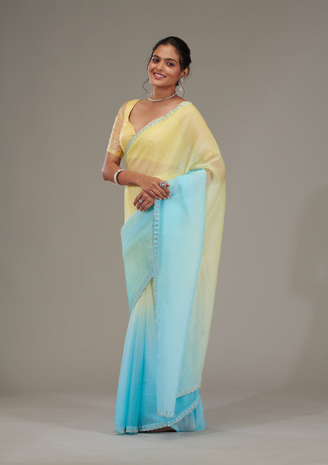 Yellow Tissue Silver Stonework Saree With Matching Blouse Piece
