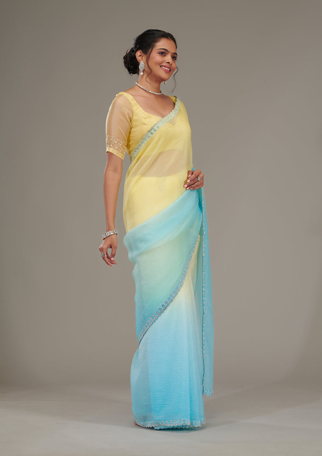 Yellow Tissue Silver Stonework Saree With Matching Blouse Piece