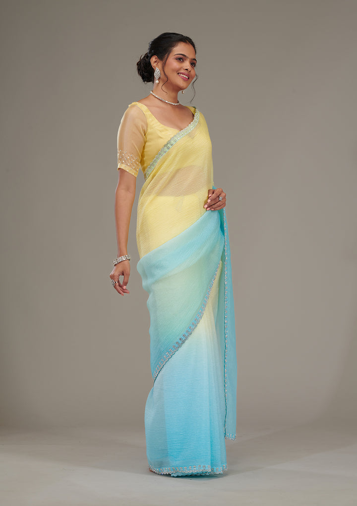 Yellow Tissue Silver Stonework Saree With Matching Blouse Piece