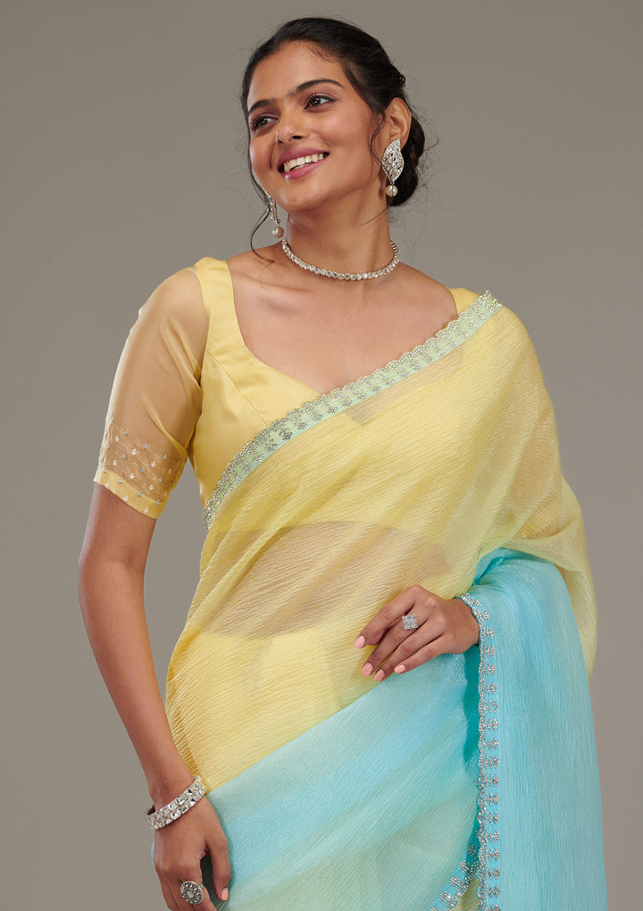 Yellow Tissue Silver Stonework Saree With Matching Blouse Piece