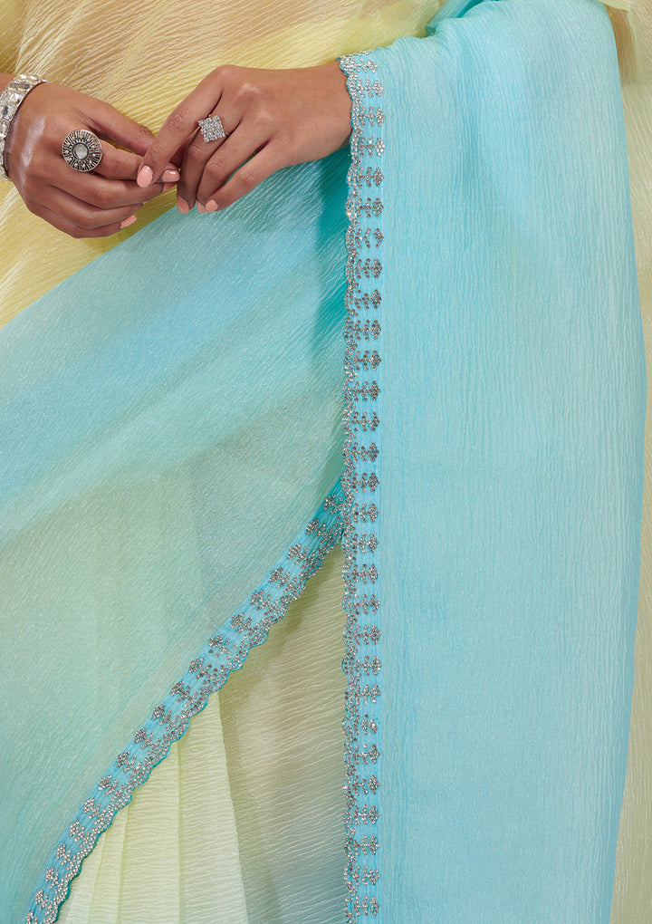 Yellow Tissue Silver Stonework Saree With Matching Blouse Piece