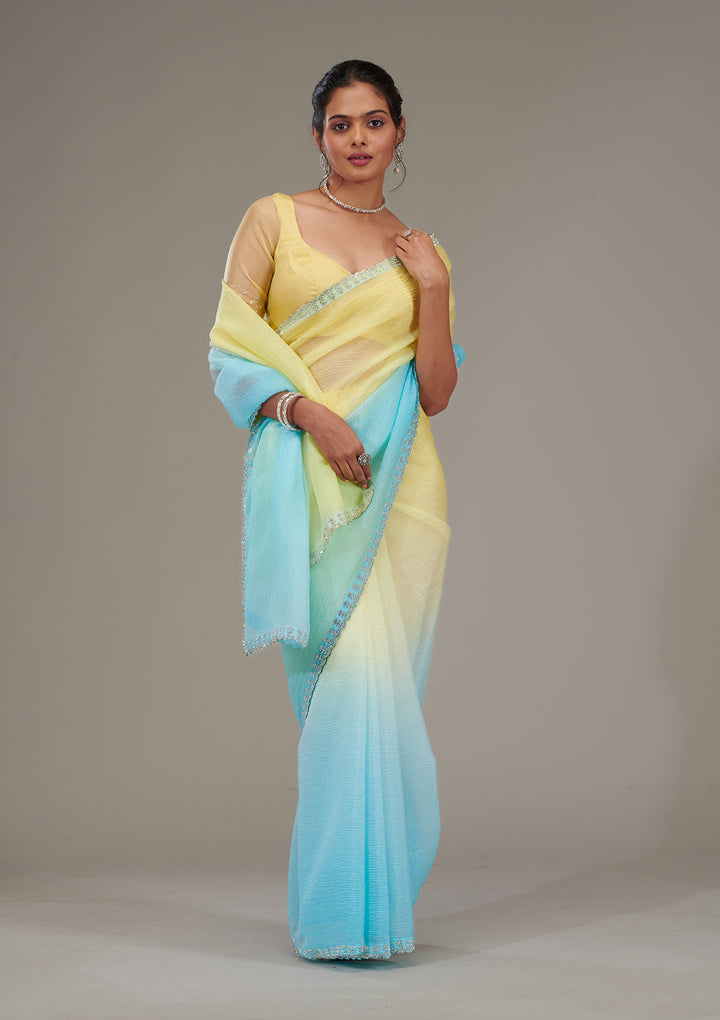 Yellow Tissue Silver Stonework Saree With Matching Blouse Piece