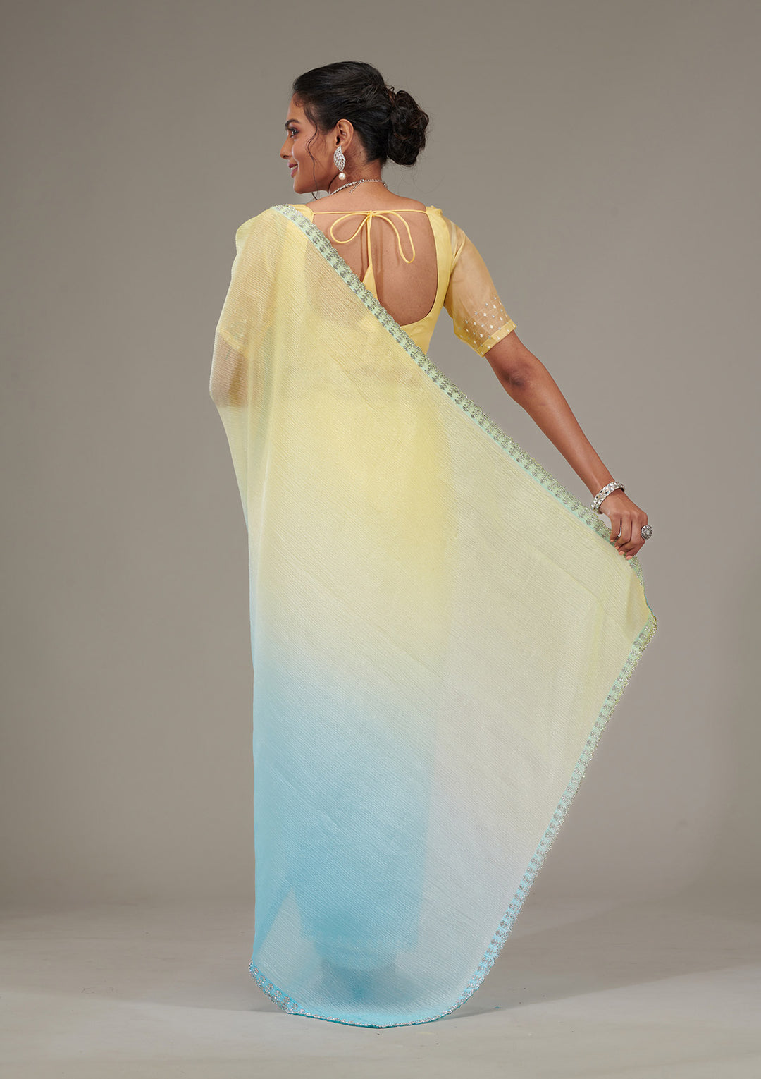 Yellow Tissue Silver Stonework Saree With Matching Blouse Piece