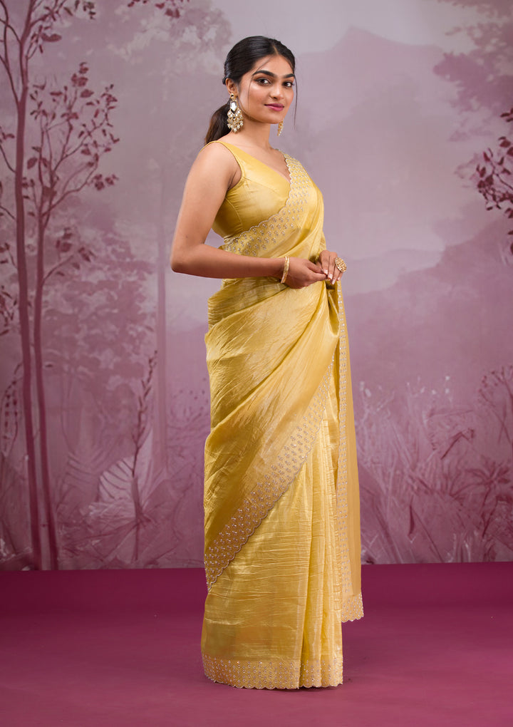 Yellow Swarovski Tissue Saree