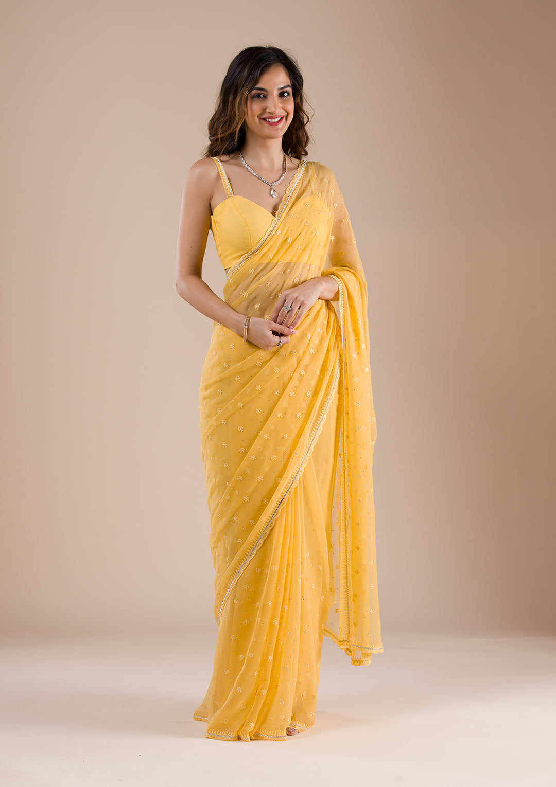 Yellow Threadwork Chiffon Saree