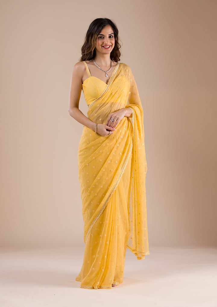 Yellow Threadwork Chiffon Saree