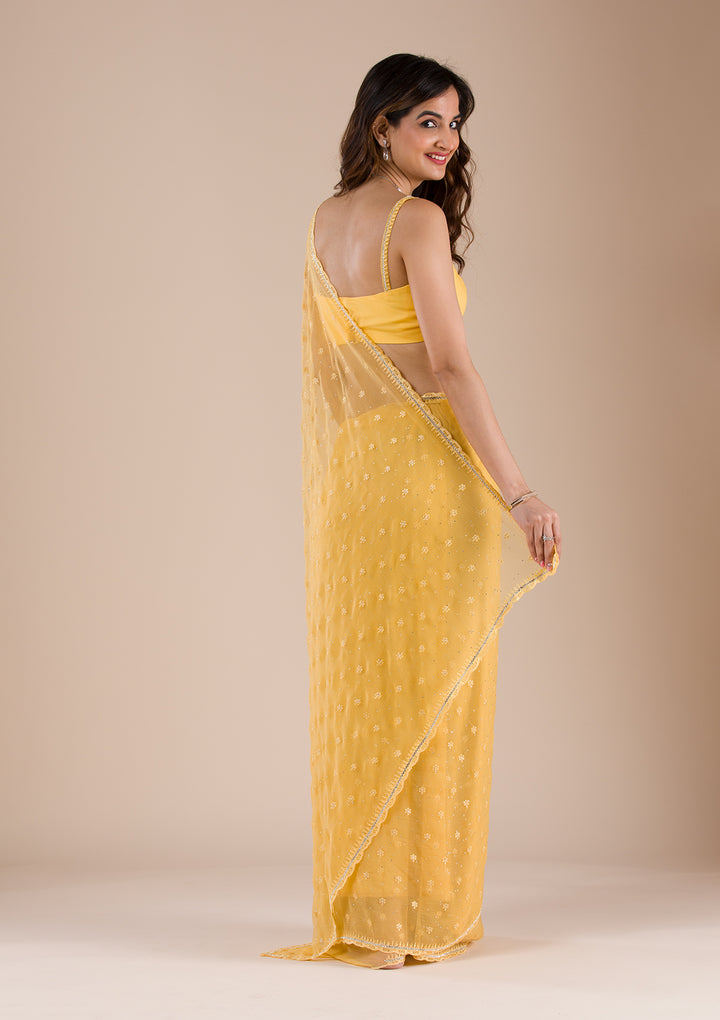 Yellow Threadwork Chiffon Saree