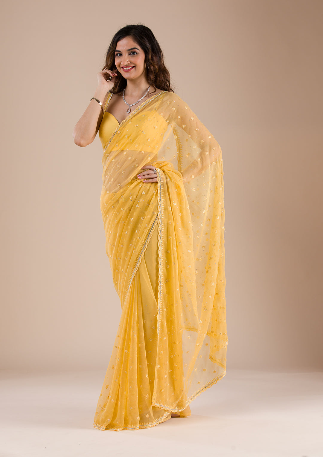 Yellow Threadwork Chiffon Saree