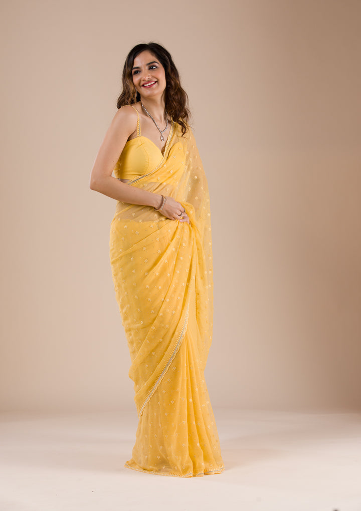 Yellow Threadwork Chiffon Saree
