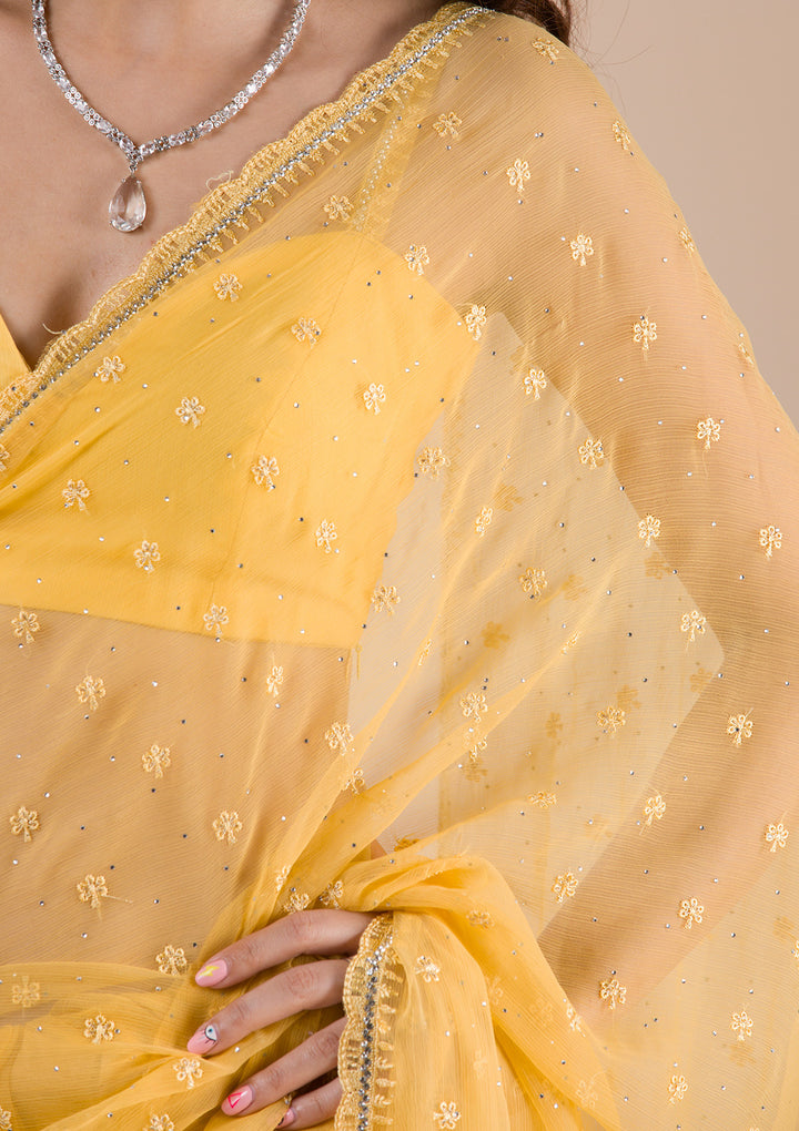 Yellow Threadwork Chiffon Saree