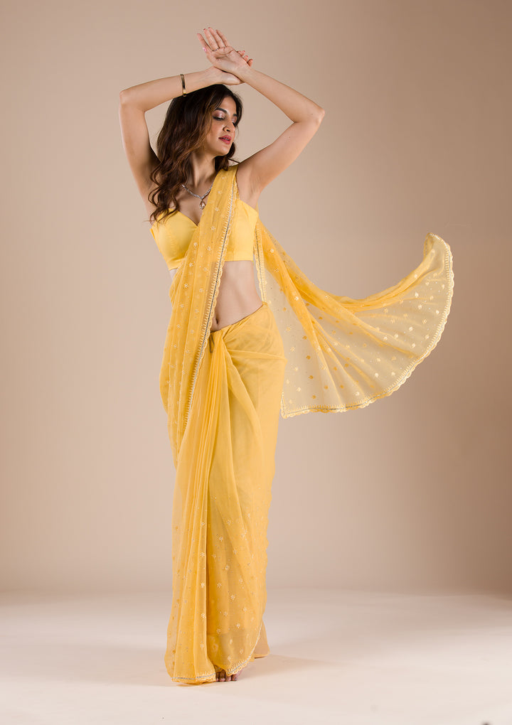 Yellow Threadwork Chiffon Saree