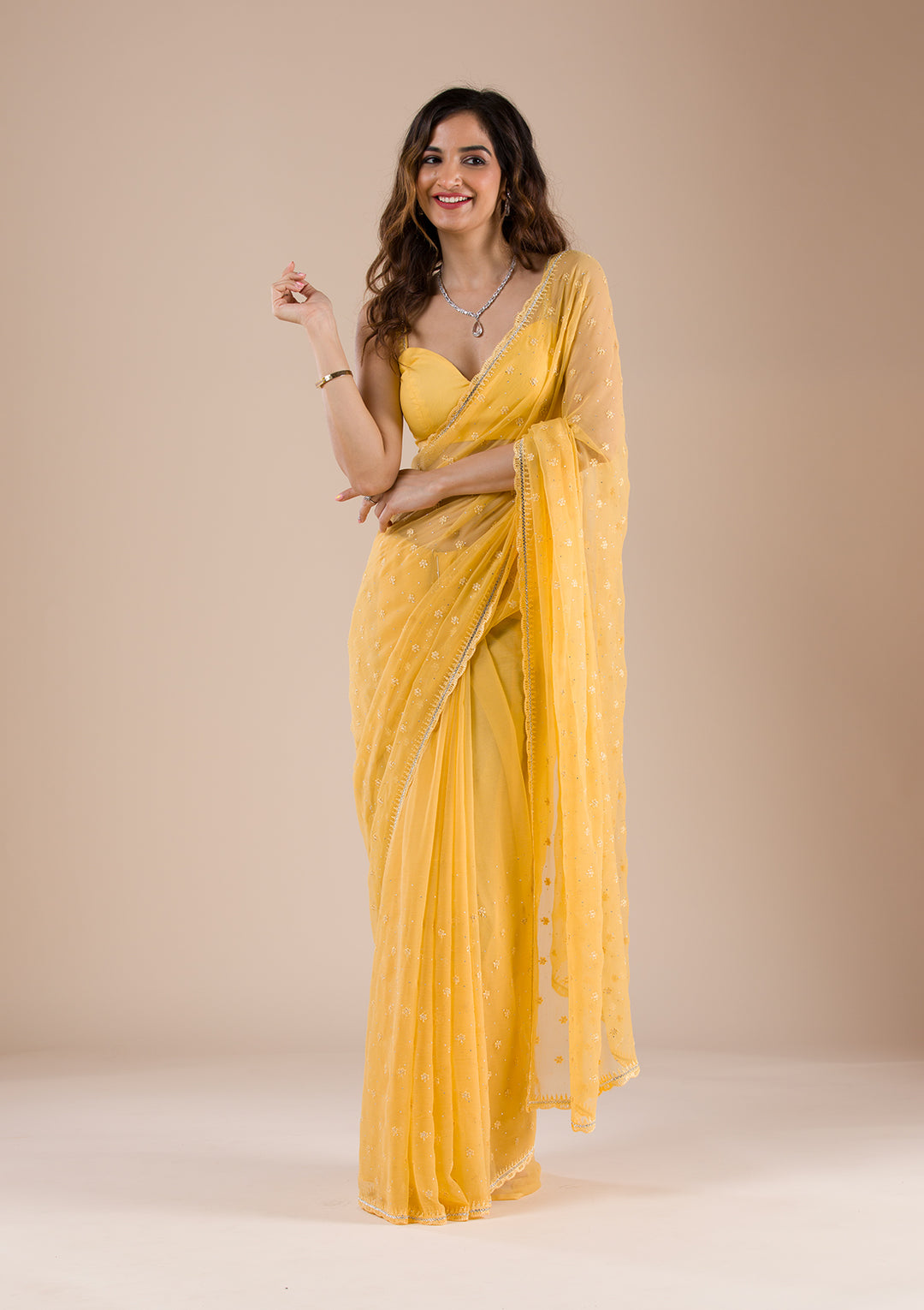 Yellow Threadwork Chiffon Saree