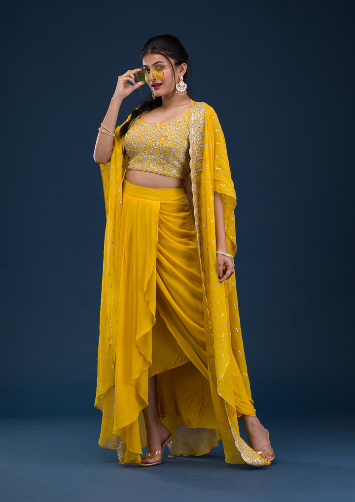 Yellow Threadwork Georgette Readymade Salwar Suit